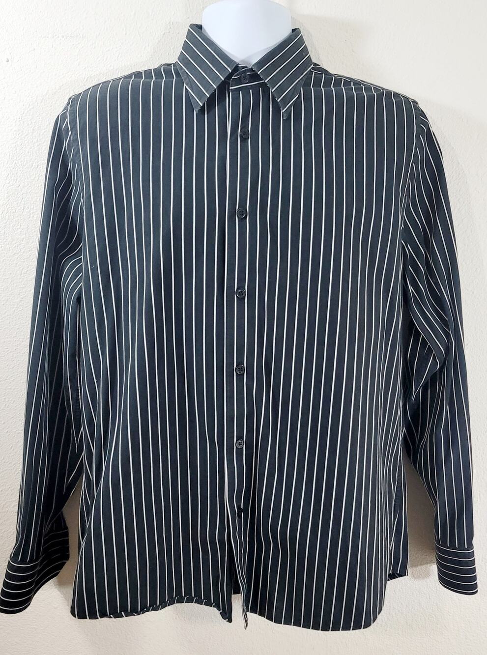 Express 1MX Black White Stripe Button Up Men's Shirt Medium 15 15.5 Collard